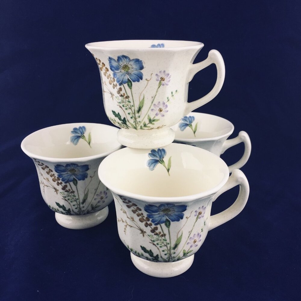 Home Beautiful  BREEZY BLUE  JX102 Floral Footed Stoneware Coffee Tea Cup Set 4